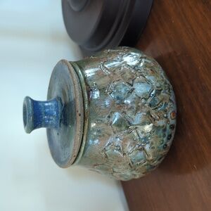 Earthy Blue Green Lidded Handmade Textured  Pottery Pot, Vessel